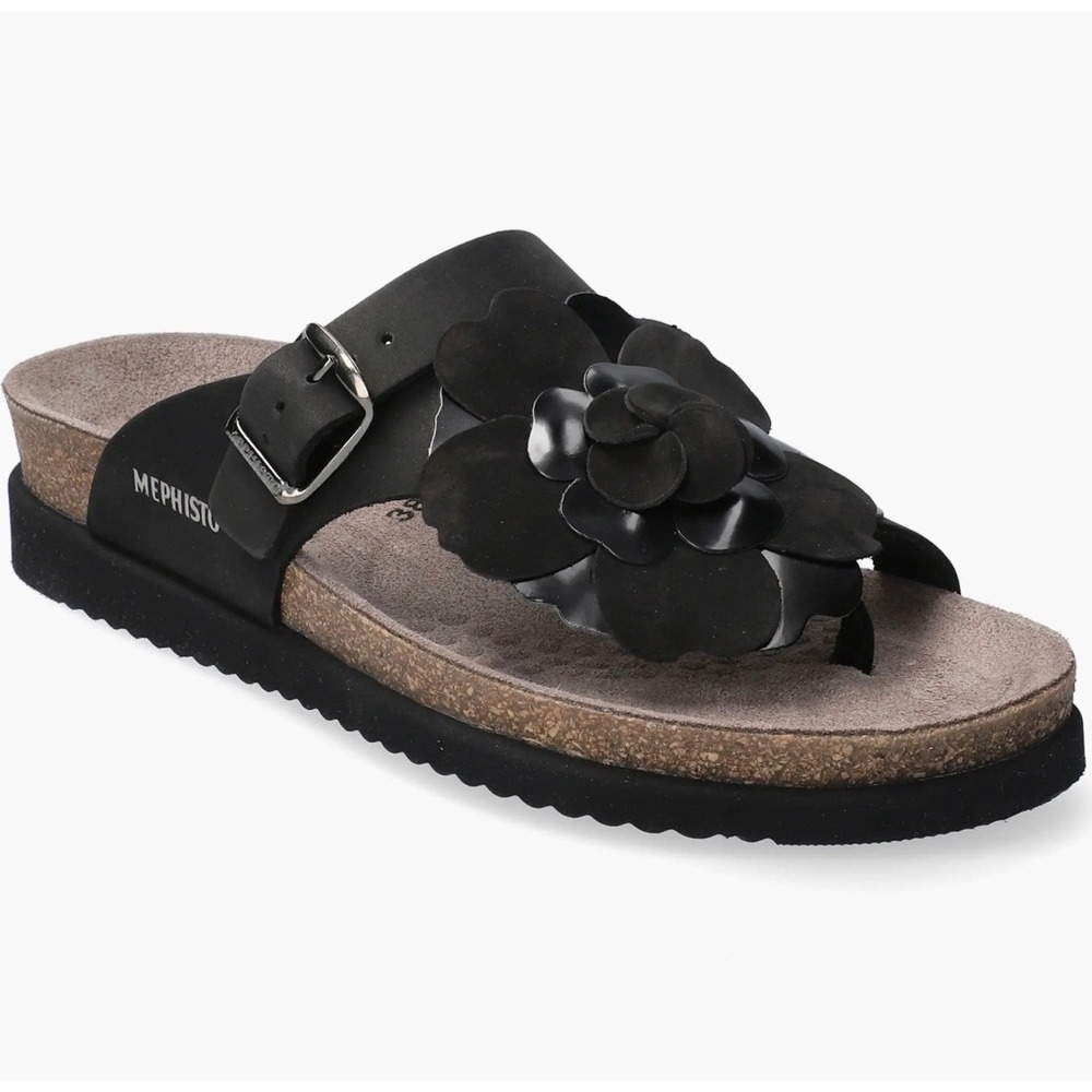 Mephisto Helen Flower Black Leather Slide Sandals EU 42 Soft-Air Technology NEW